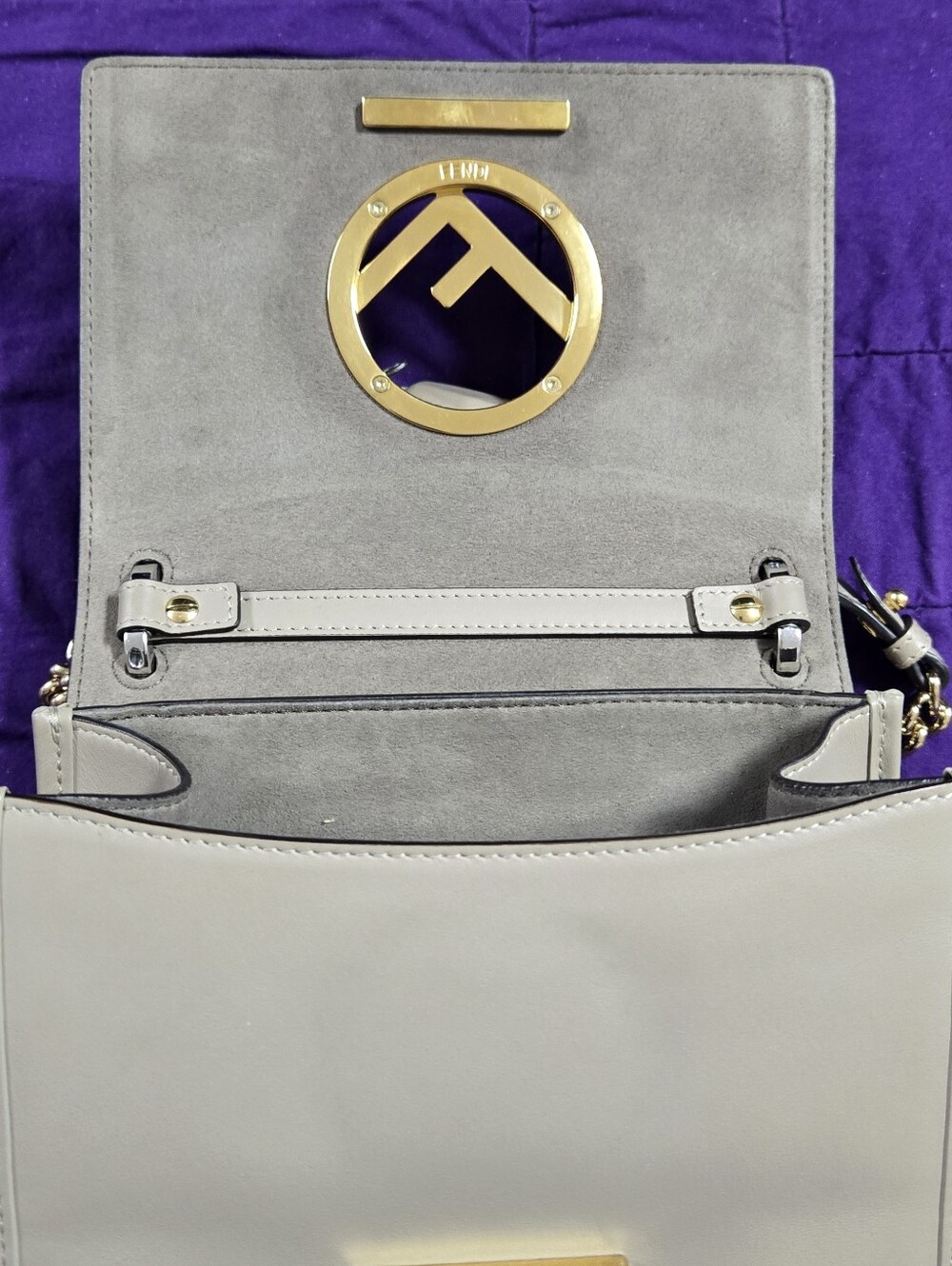 EUC Fendi FF Kan Taupe Shoulder Bag With Gold-Silver Hardware - Picture 12 of 16